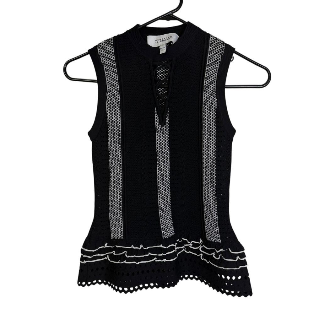 Derek Lam 10 Crosby Sleeveless Eyelet Top Womens XS Black White Ruffle Tank